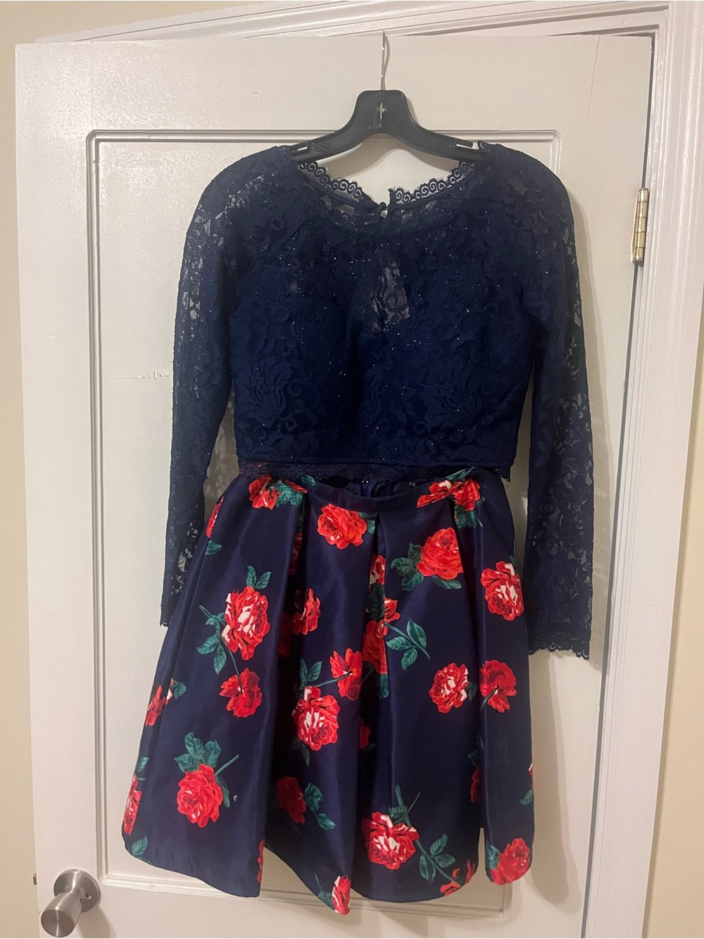 Sequin Hearts Navy Lace Top with Red Rose Print Skirt 2 piece Dress